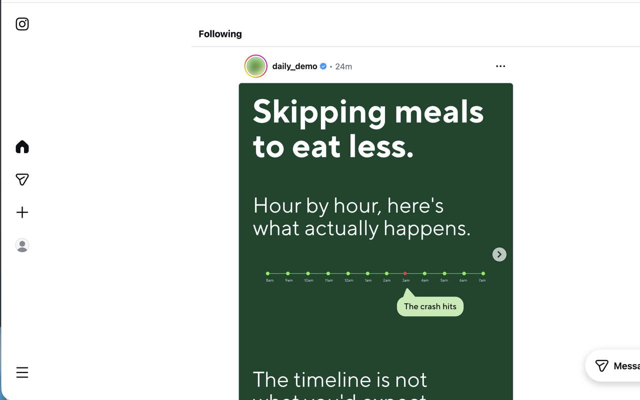 Instagram open in Chrome with Dumbstagram enabled: a clean Following feed and Direct Messages, with no Stories, Reels, Explore or ads